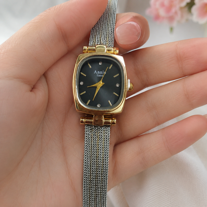 Annie Prestige Square Dial Two-Tone Mesh Watch – 18KT Gold-Plated Stainless Steel Watch for Women