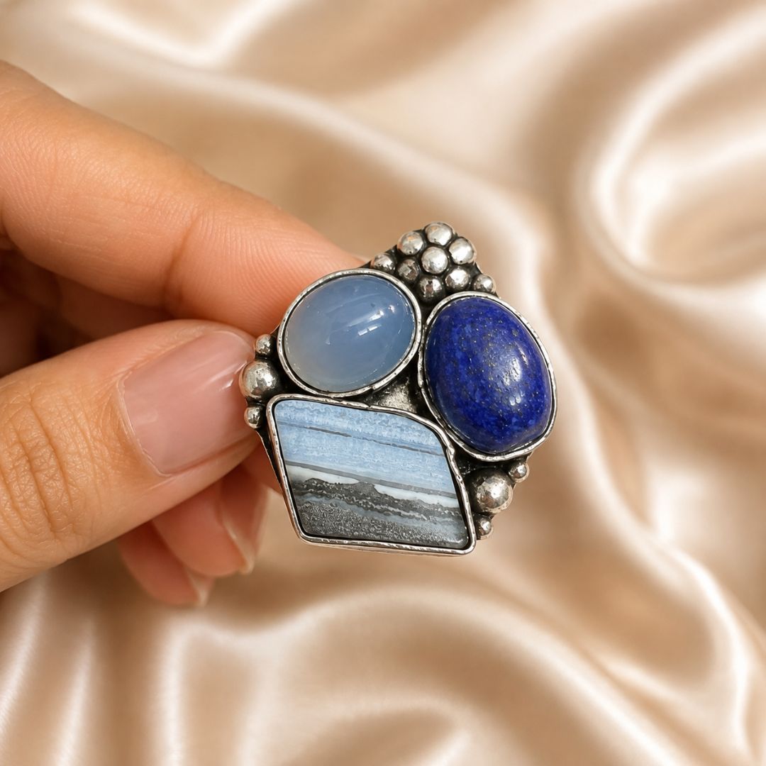 Sterling Oxidised Silver Statement Ring with Blue Chalcedony, Lapis Lazuli & Banded Gemstone