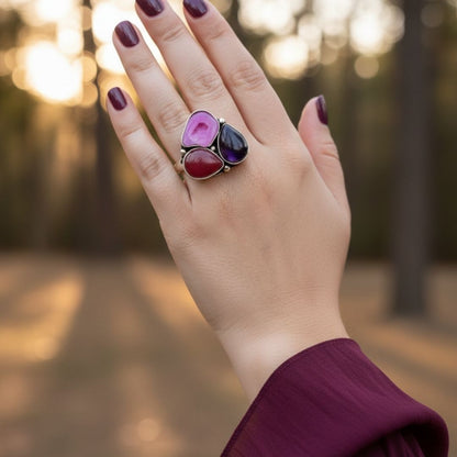 Midnight Bloom Multistone Oxidised Statement Ring