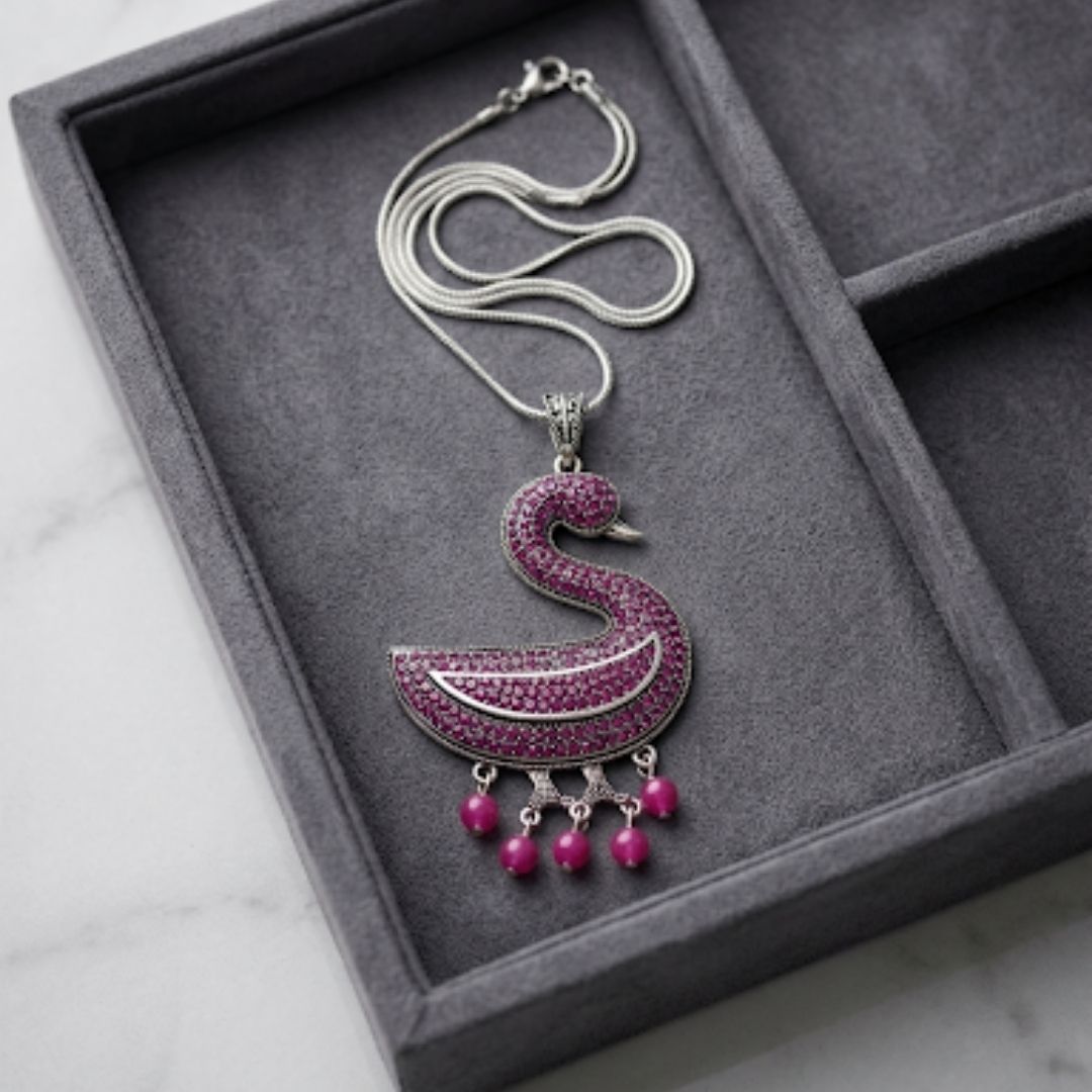 Oxidized Swan Pendant Necklace with Diamond-Look Stones & Hanging Pearl Drops