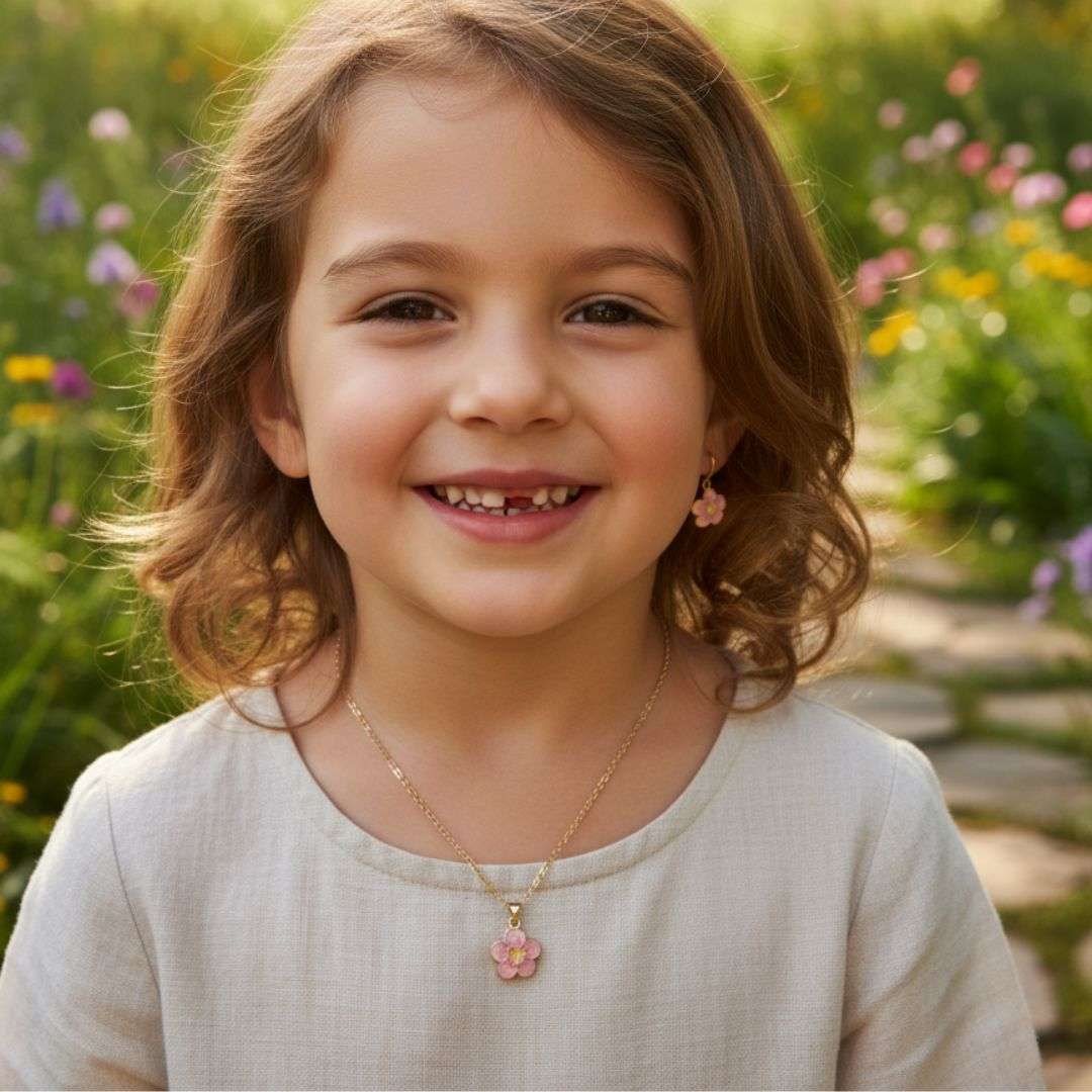 Pink Flower Charm Set – Kids Necklace & Earrings