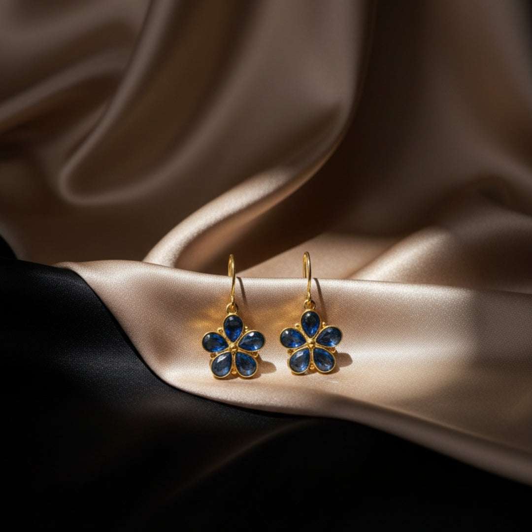 Blue Floral Drop Earrings – Gold finish