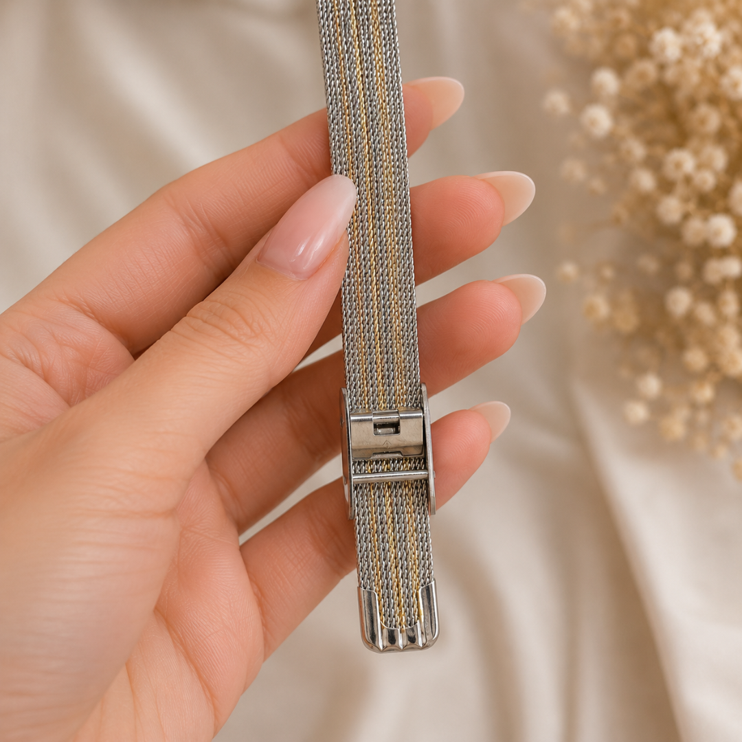Annie Prestige Square Dial Two-Tone Mesh Watch – 18KT Gold-Plated Stainless Steel Watch for Women