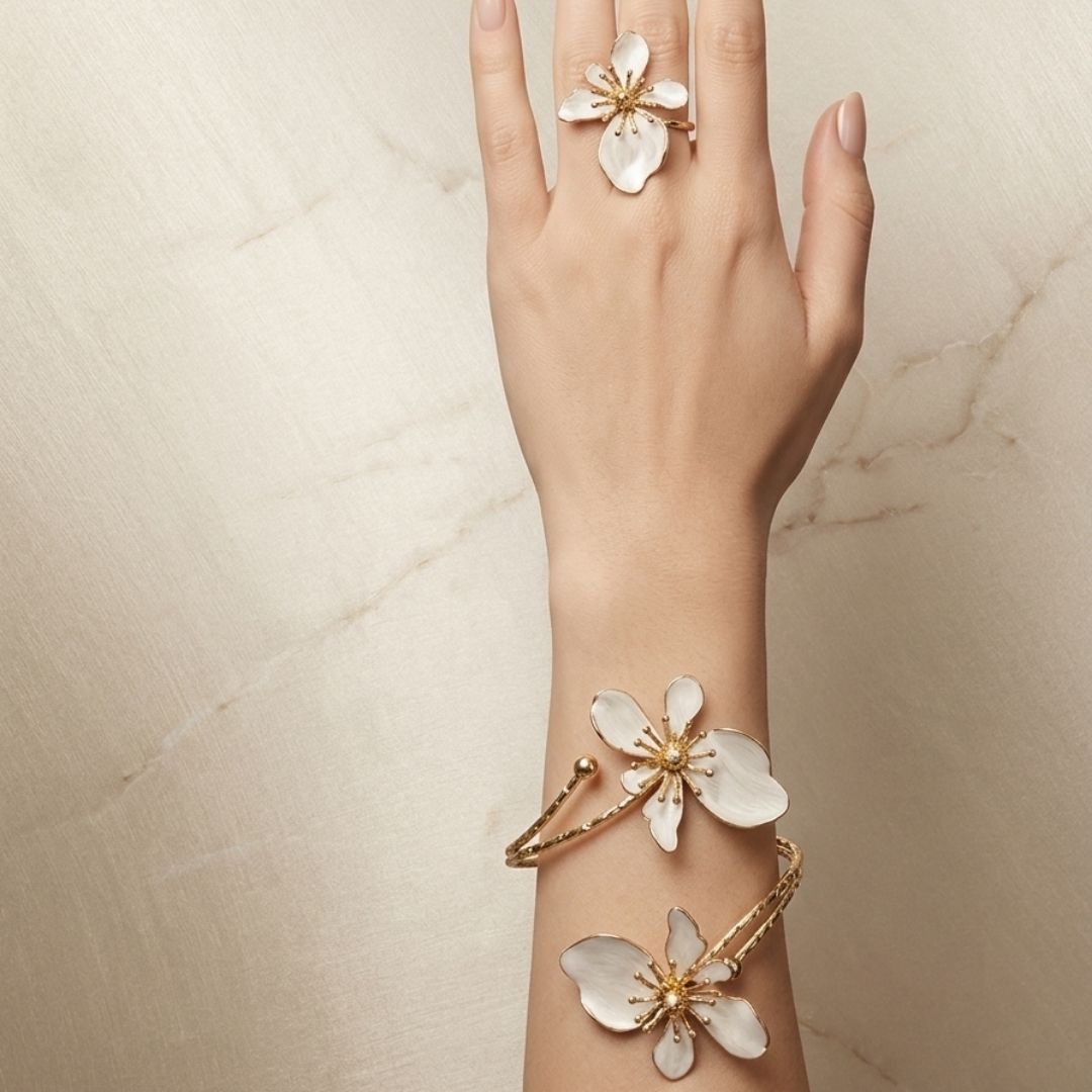 Elegant Floral Armlet with Ring Combo – Gold-Tone Bracelet with Pearl Petal Design
