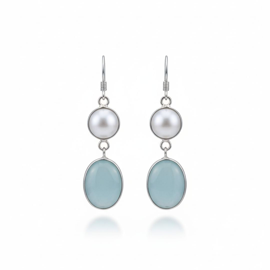 Silver Pearl & Aqua Chalcedony Drop Earrings