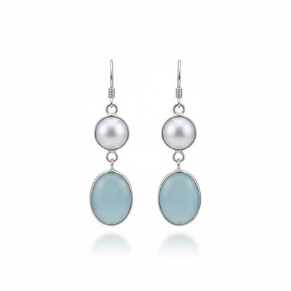 Silver Pearl & Aqua Chalcedony Drop Earrings