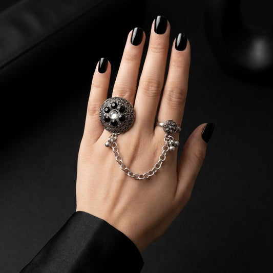 Oxidized German Silver Dual Ring Chain Black Stone Statement Hand Harness