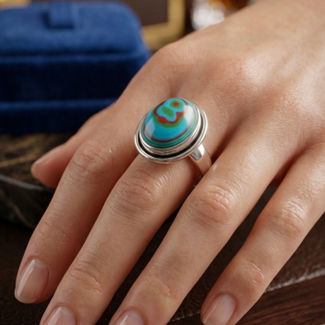 German Oxidized Silver Oval Multicolor Stone Ring