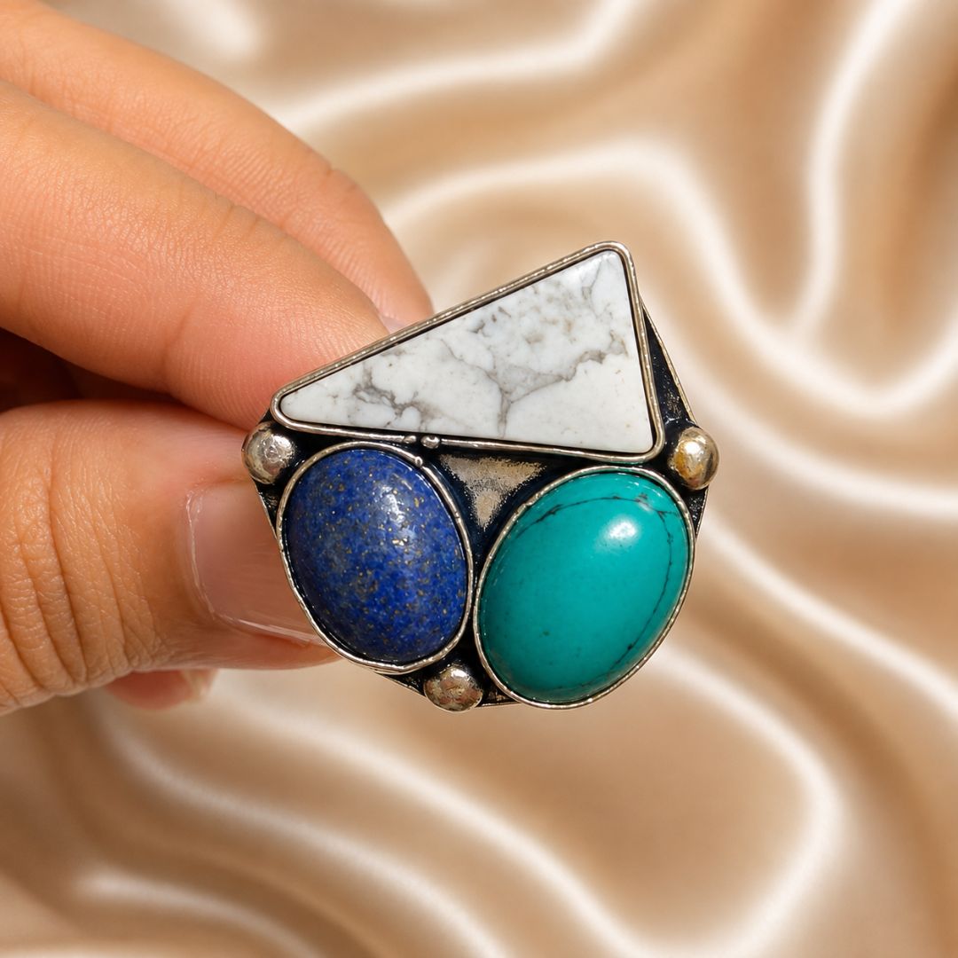 Mystic Trio Oxidised Gemstone Ring