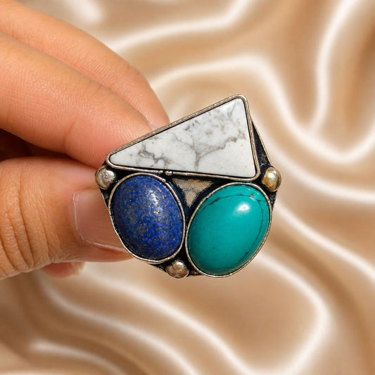 Mystic Trio Oxidised Gemstone Ring