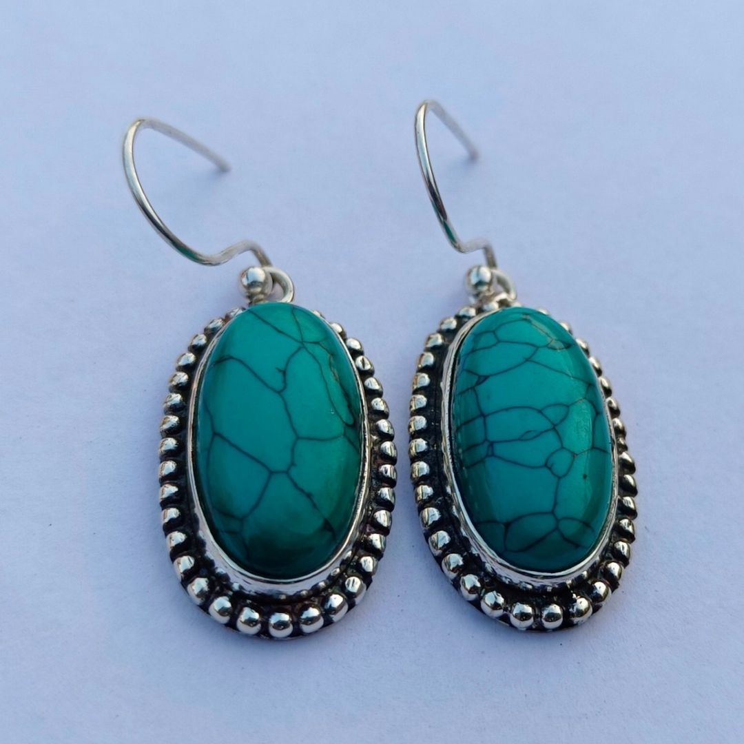 Turquoise Stone Drop Earrings for Women | Oxidized German Silver Oval Dangle Earrings