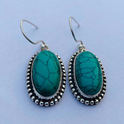 Turquoise Stone Drop Earrings for Women | Oxidized German Silver Oval Dangle Earrings