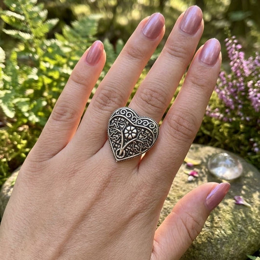 Oxidized German Silver Heart-Shaped Engraved Statement Ring