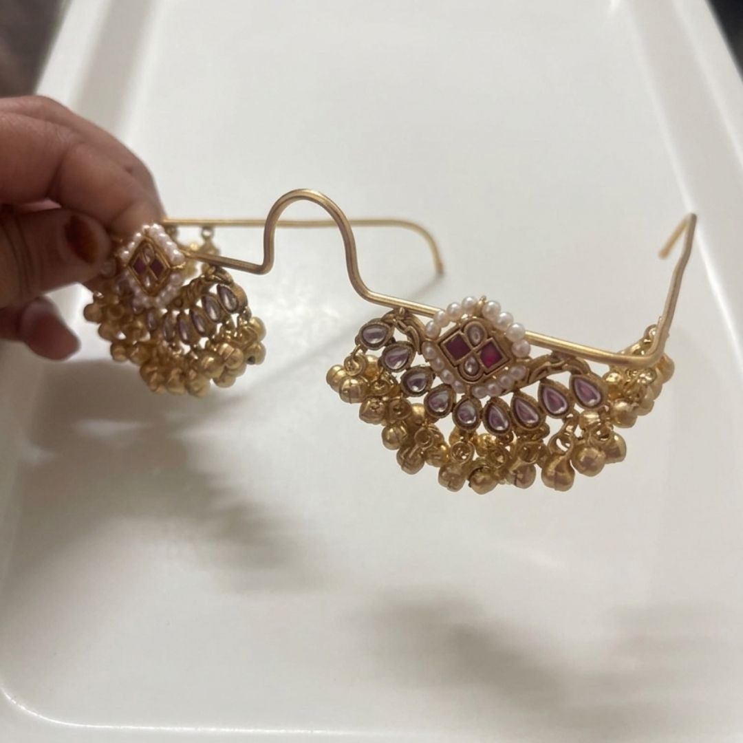 Traditional Brass Kundan Pearl Chandbali Hair Accessory with Ghungroo Facelet
