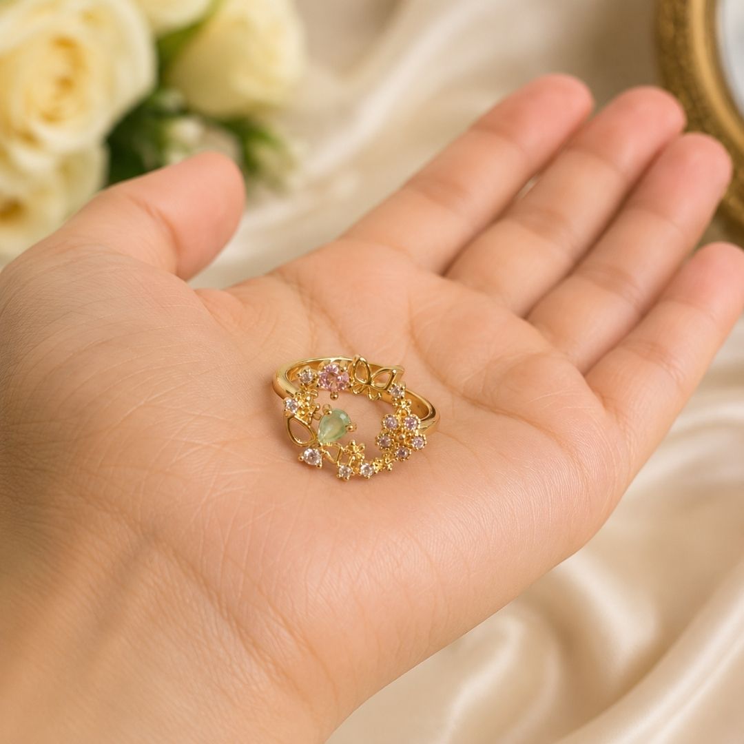 Enchanted Butterfly Floral Crystal Open Ring