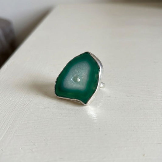 Green Druzy Agate Slice Ring in Sterling Silver