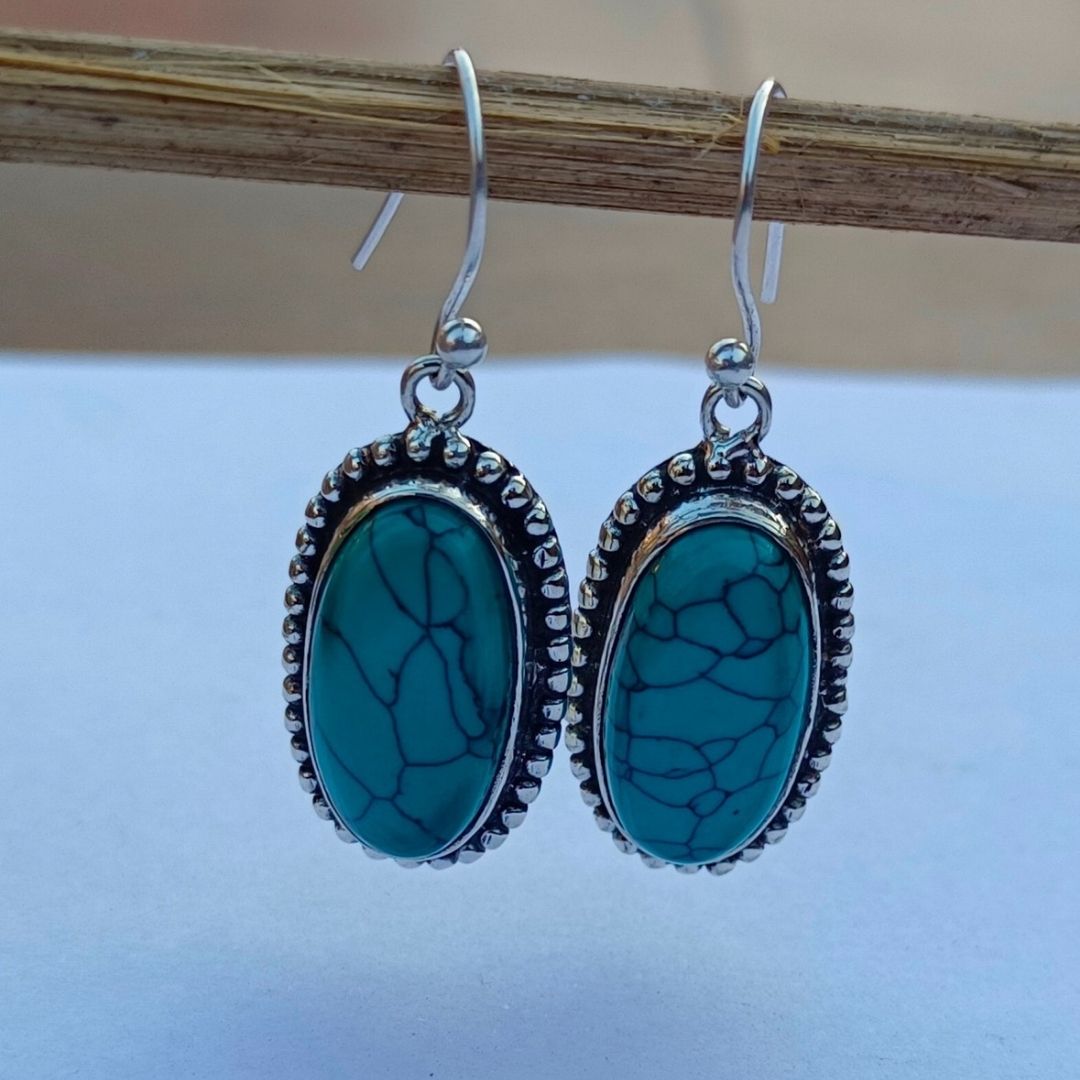 Turquoise Stone Drop Earrings for Women | Oxidized German Silver Oval Dangle Earrings