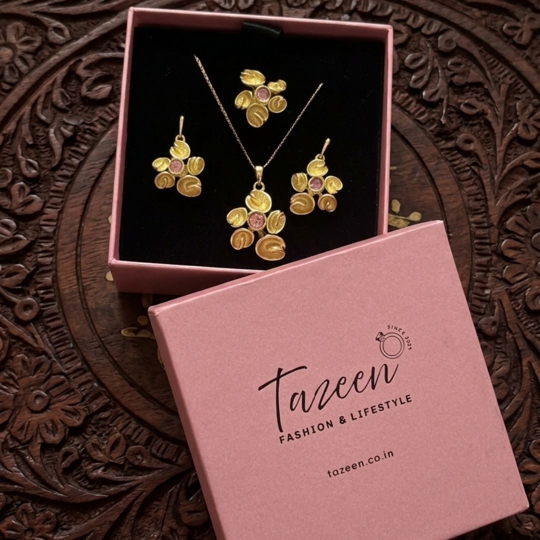 Elegant Gold Floral Pendant Necklace Set with Earrings & Ring