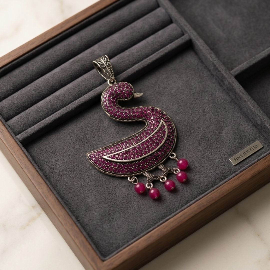 Oxidized Swan Pendant Necklace with Diamond-Look Stones & Hanging Pearl Drops