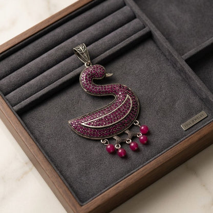 Oxidized Swan Pendant Necklace with Diamond-Look Stones & Hanging Pearl Drops