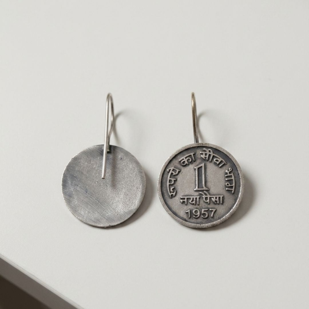 Vintage German Silver 1 Paisa Coin Earrings | Antique Oxidized Ethnic Jewelry