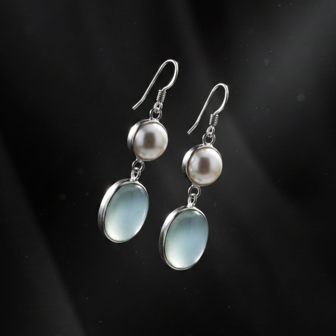 Silver Pearl & Aqua Chalcedony Drop Earrings