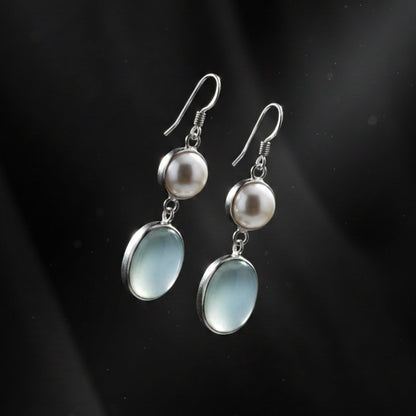 Silver Pearl & Aqua Chalcedony Drop Earrings