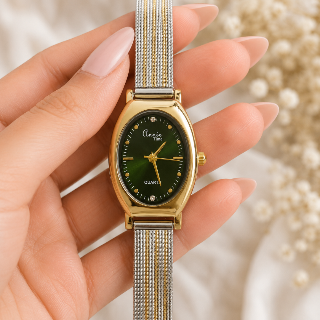 Annie Luxe Oval Women's Watch – Green Dial with 18KT Gold-Tone Stainless Steel Strap