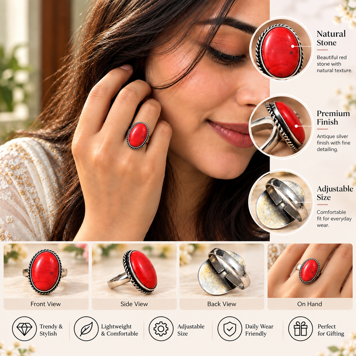 Elegant Close-Up Portrait with Statement Red Ring