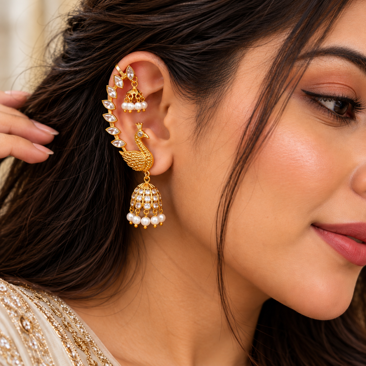 Peacock Motif White Kemp Stone Earcuff