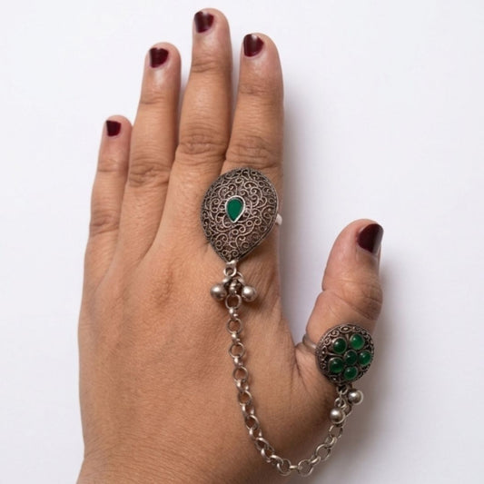 Oxidized German Silver Kashmiri-Style Green Stone Chain Hand Harness Ring