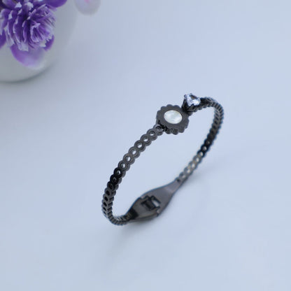 Black Plated Floral Bracelet | Pearl & Crystal Accent Bangle