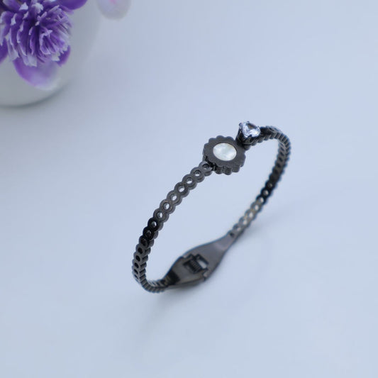 Black Plated Floral Bracelet | Pearl & Crystal Accent Bangle