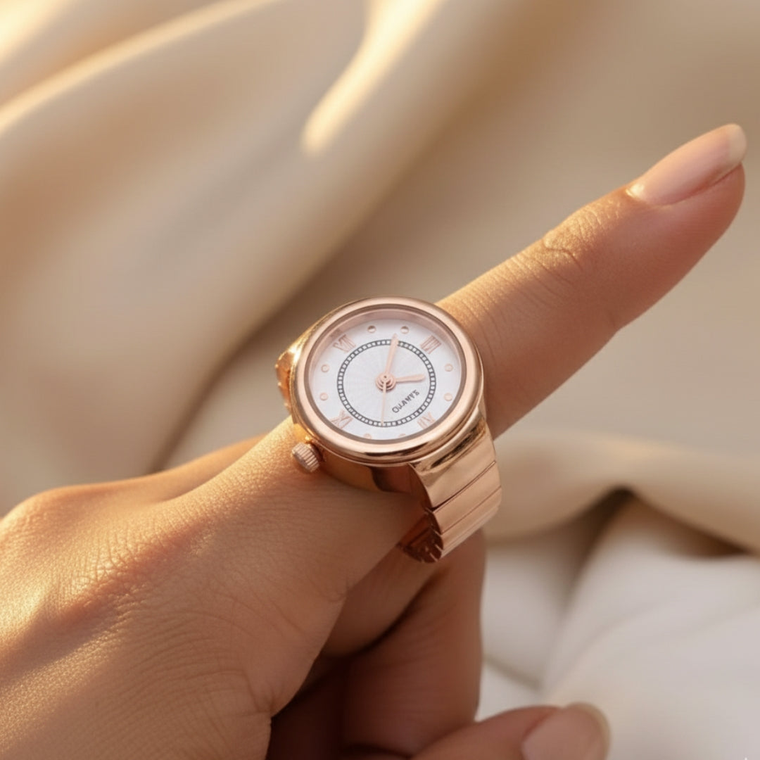Classic Rose Gold Finger Watch | Roman Dial Adjustable Ring