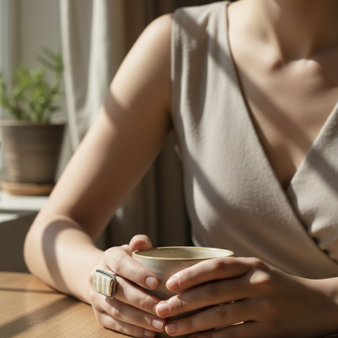 Beige Onyx Oxidized Silver Rectangular Finger Ring