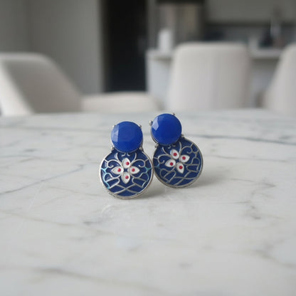 Oxidised Blue Enamel Floral Stud Earrings