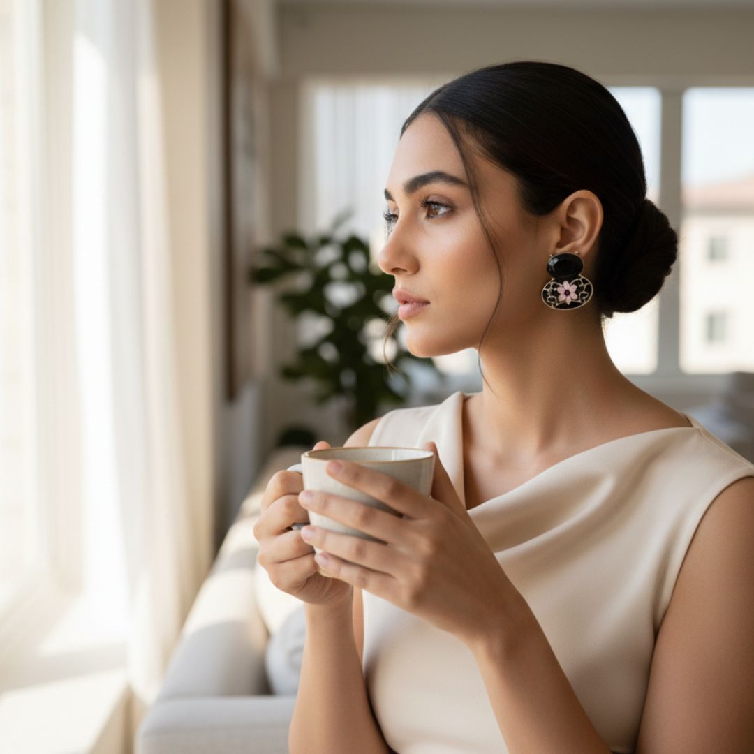 Oxidized Black Enamel Floral Stud Earrings