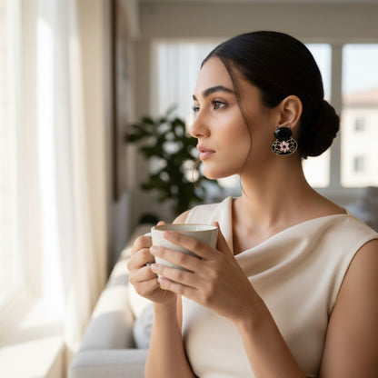 Oxidized Black Enamel Floral Stud Earrings