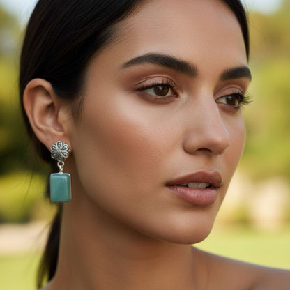 Antique Silver Floral Studs with Aqua Stone Drop Earrings