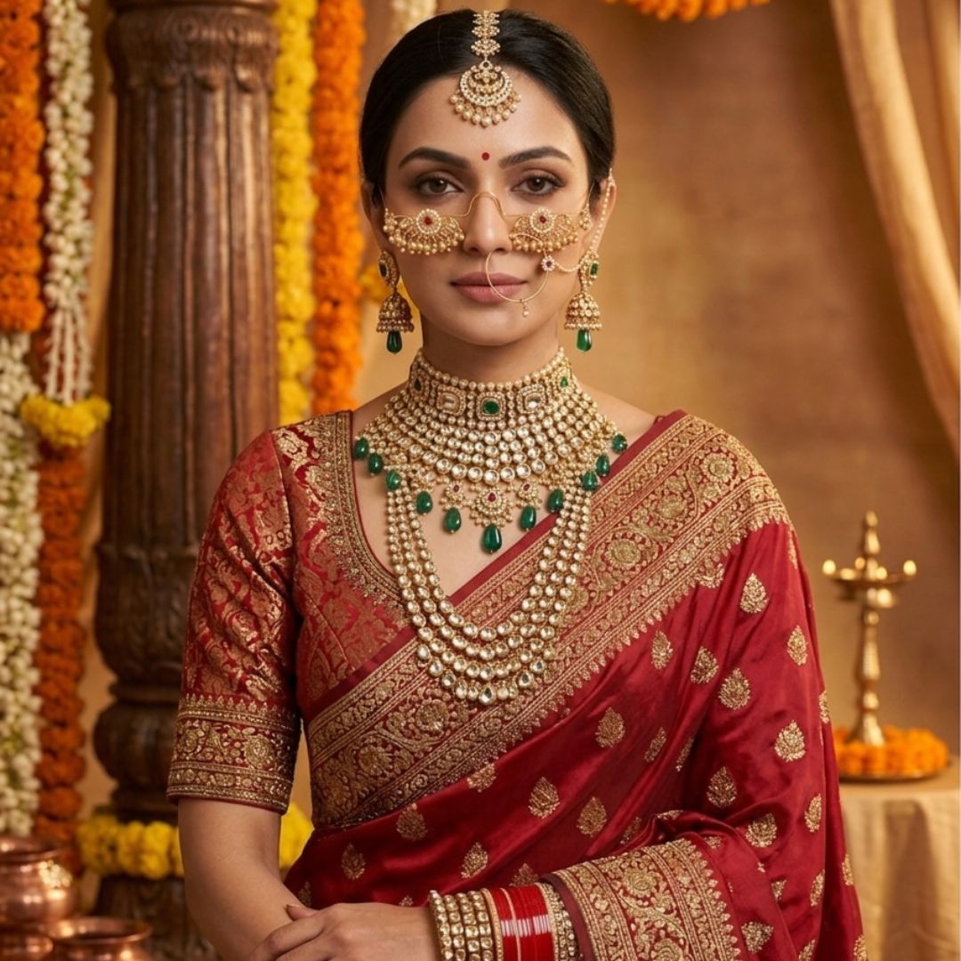 Traditional Brass Kundan Pearl Chandbali Hair Accessory with Ghungroo Facelet