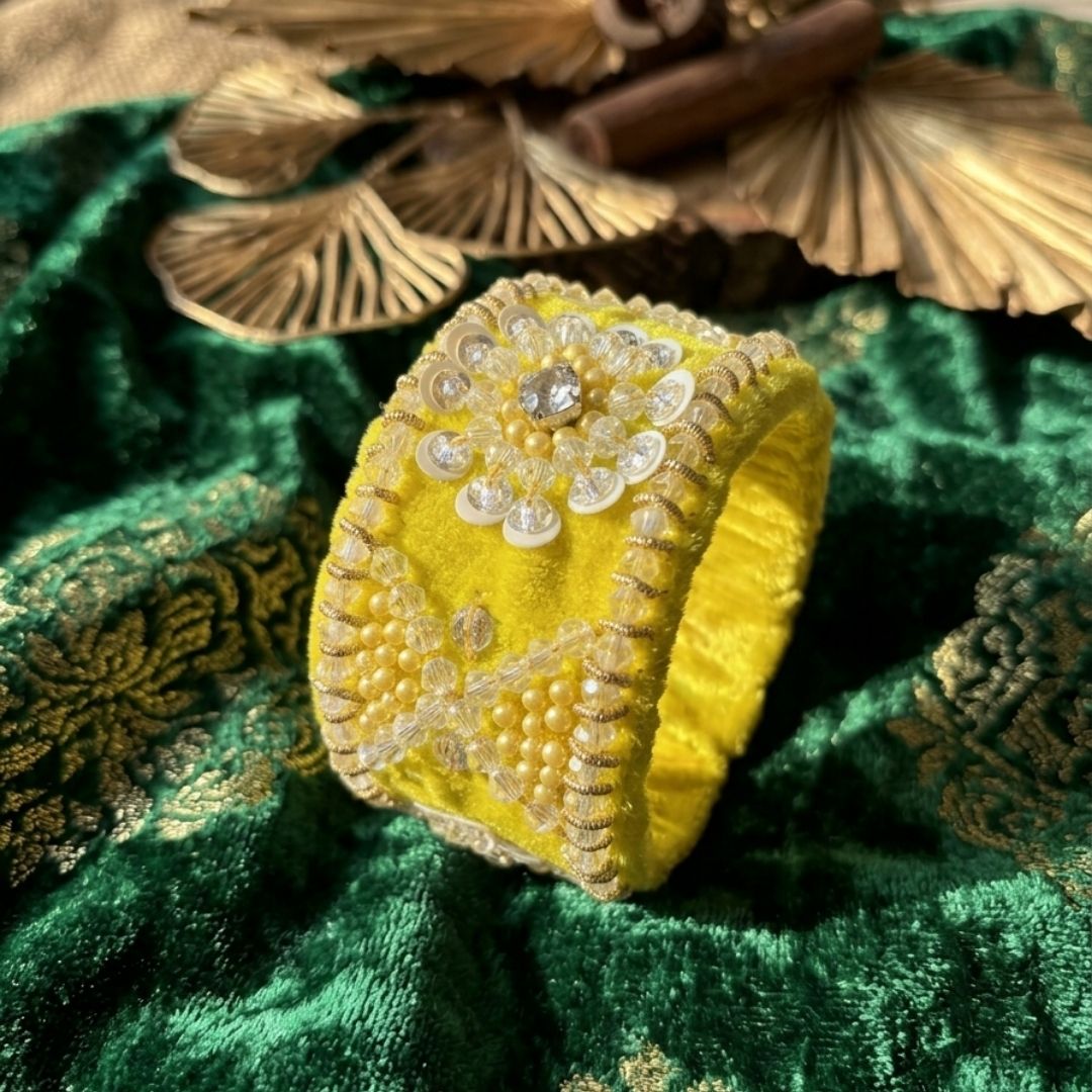 Handmade Adjustable Floral Beaded Velvet Cuff Bracelet – Sunshine Yellow