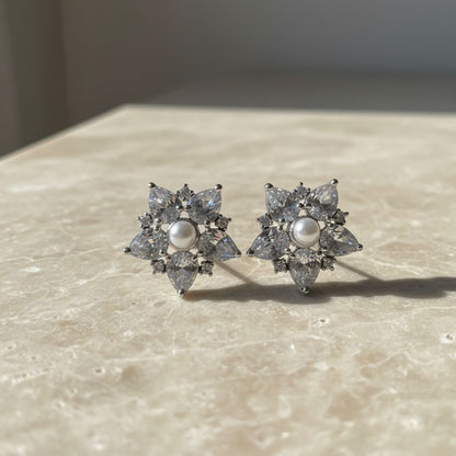 American Diamond Pearl Flower Stud Earrings