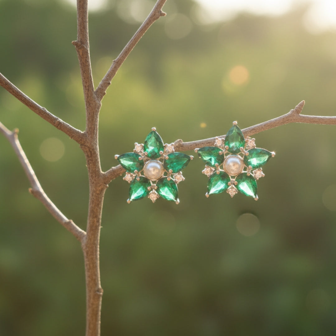 American Diamond Emerald Floral Stud Earrings