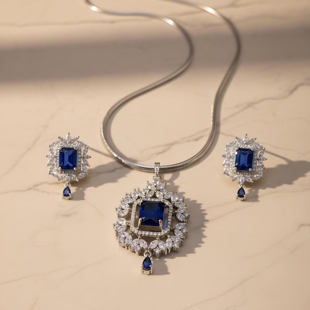 Royal Blue American Diamond Necklace Set