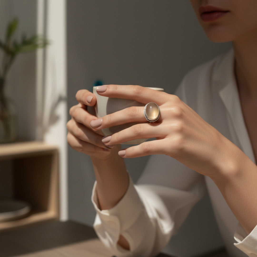 Oxidized Silver Statement Ring with Oval Stone