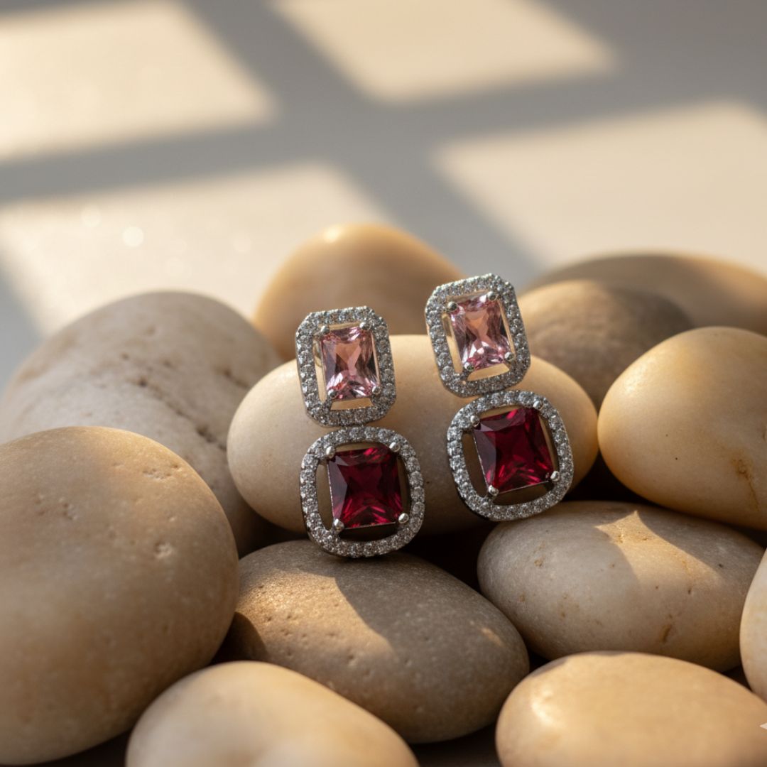 American Diamond Red and Pink Stud Earrings