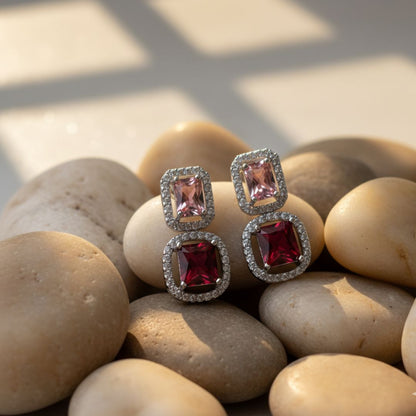 American Diamond Red and Pink Stud Earrings