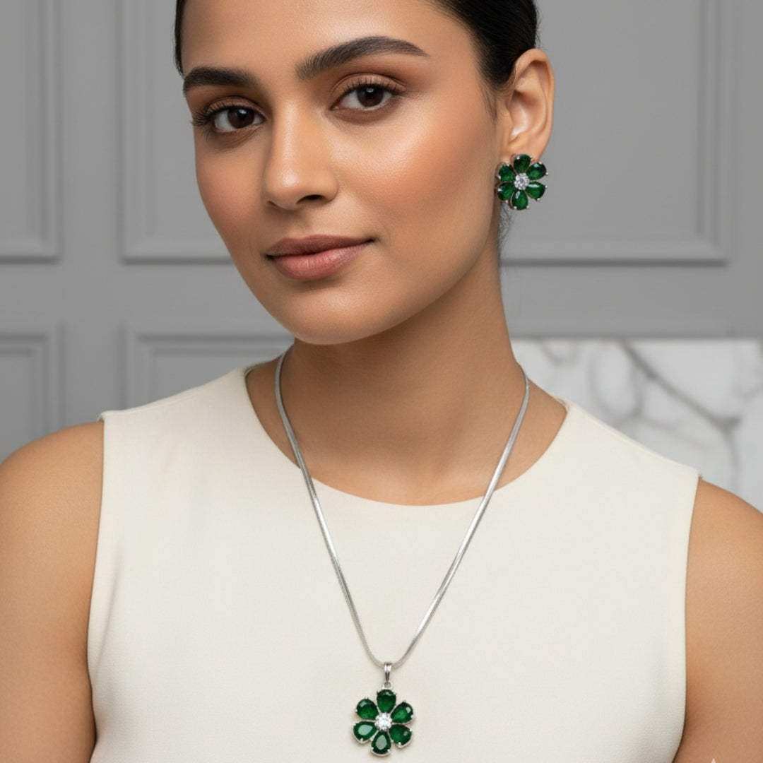 Green Floral American Diamond Necklace Set