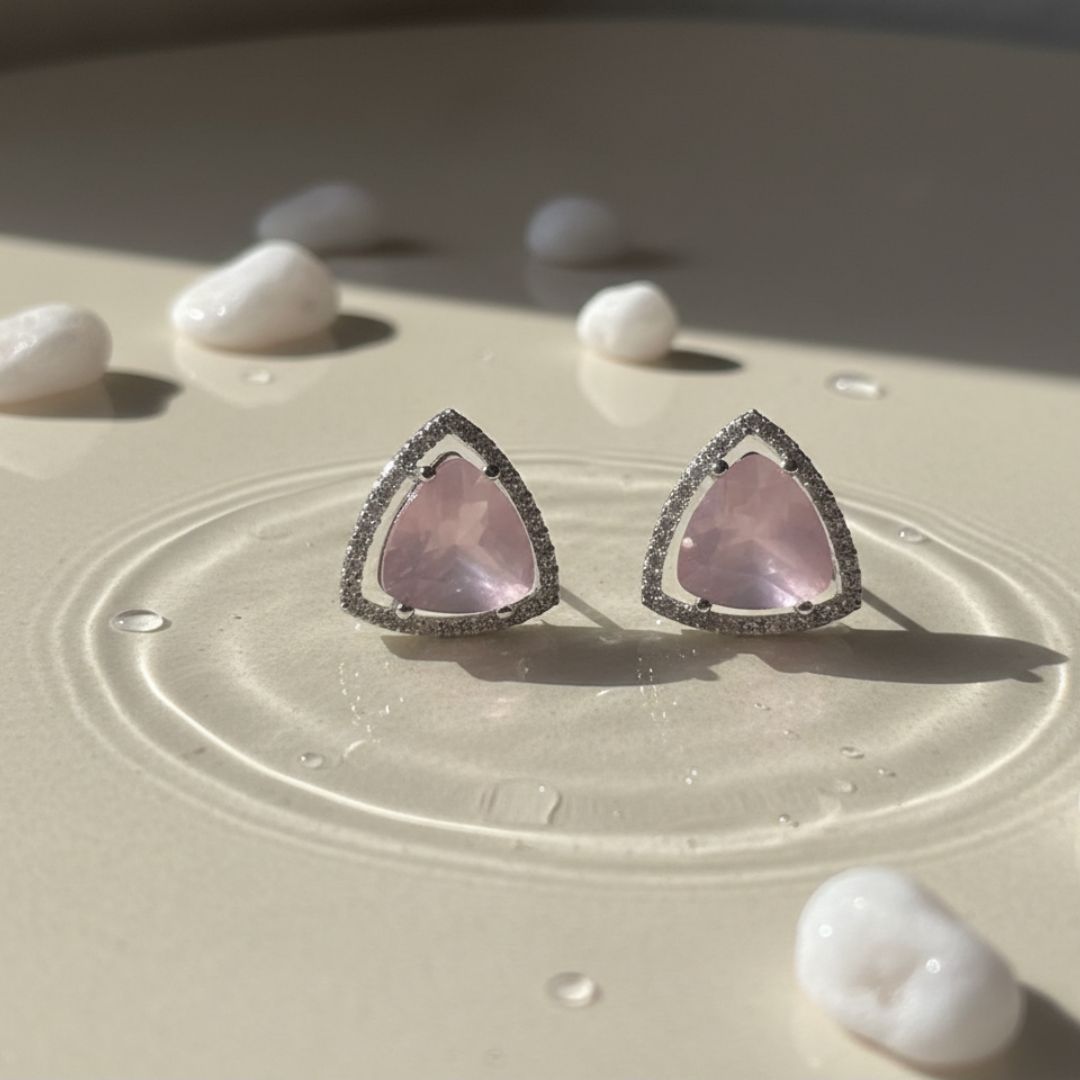 American Diamond Trillion Cut Pink Stud Earrings