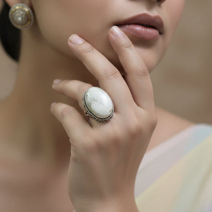 Oxidized Silver White Marble Oval Ring
